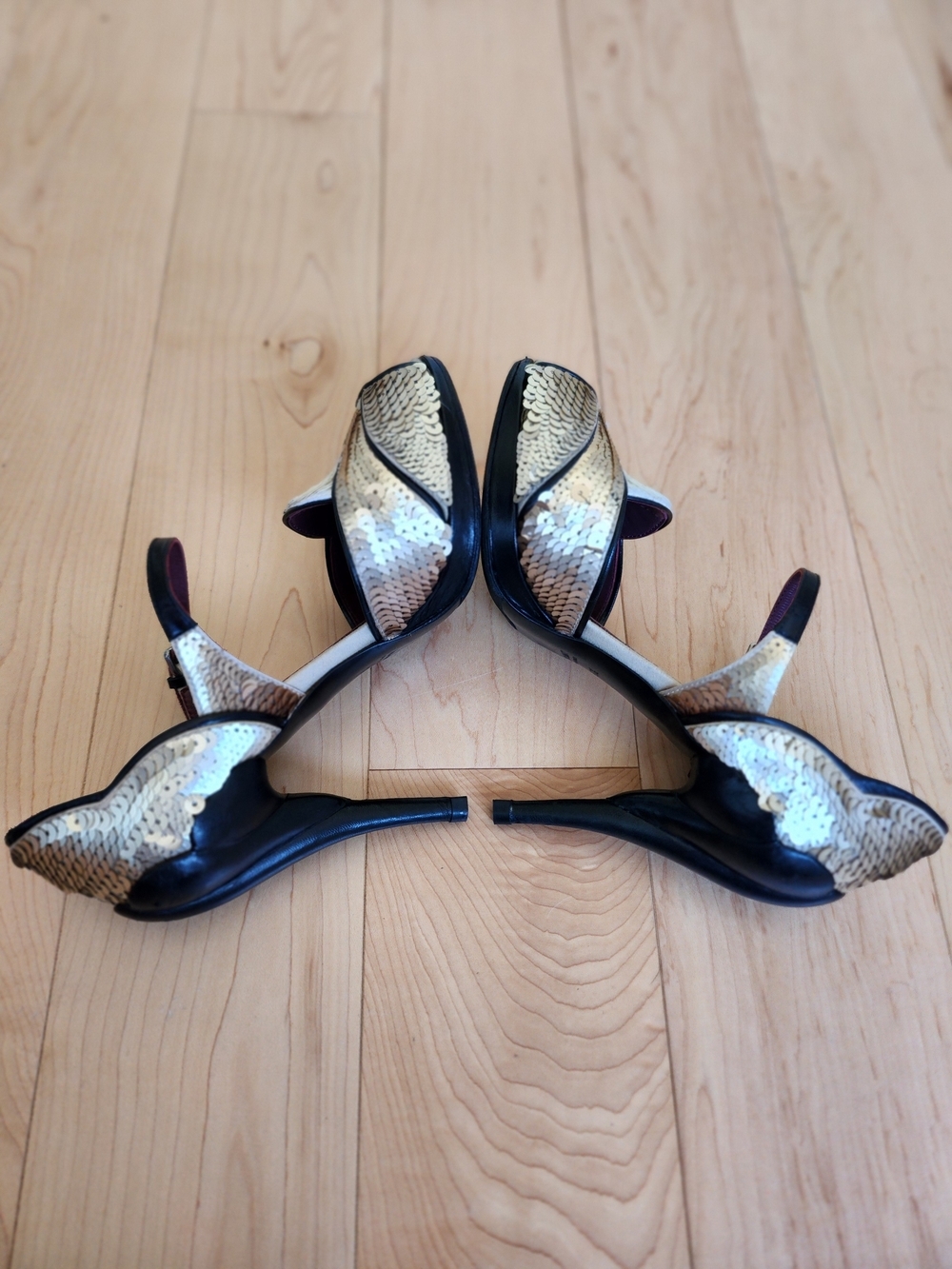 Vintage 50's Vibe Miu Miu Gold & White Sequin Peep-Toe Mary Jane Stiletto EU36.5 - Picture 6 of 9